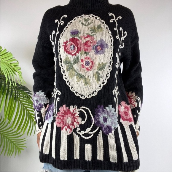 Women's Vintage Boaz Black Cottagecore Floral Oversized Knit Grandma Sweater / L - Picture 4 of 10